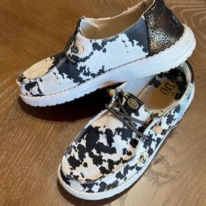 Hey Dude Black and White Cow Print Sneakers